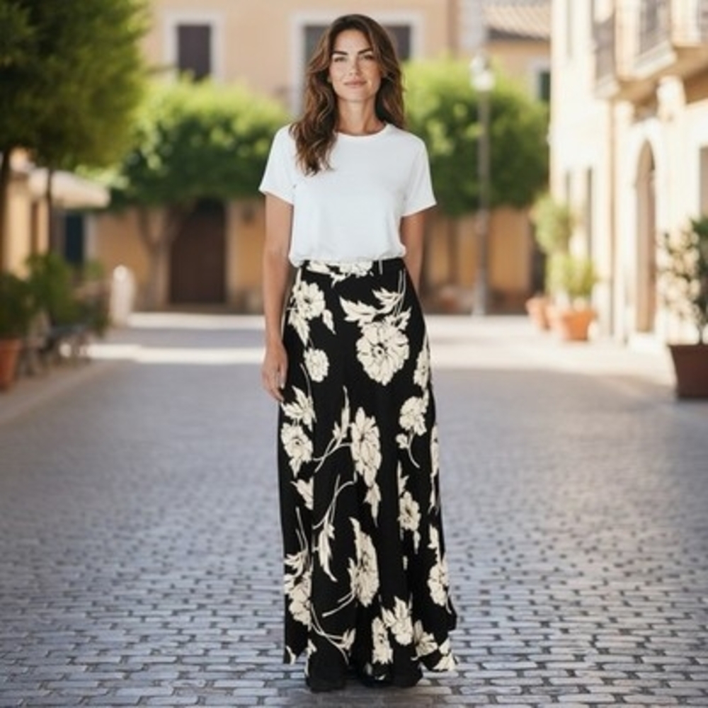 Vintage Jones New York Silk Floral Maxi Skirt Black Cream Womens Size 10 NWT